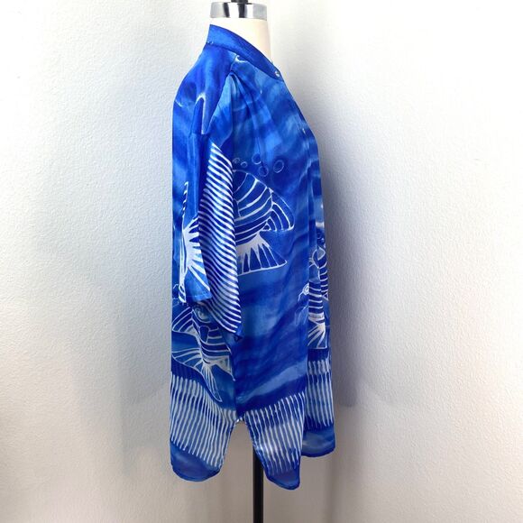 Blue Silky Oversize Semi-Sheer Tunic Blouse 2X Beach Coverup Lounge Boho Resort - Picture 11 of 11